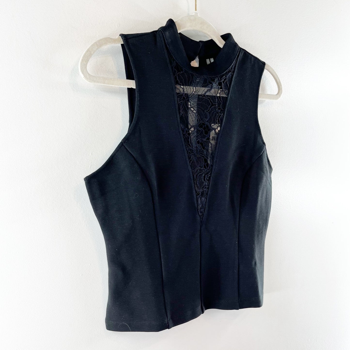 Anthropologie Sheer Lace Mock Neck Sleeveless Shell Tank Top Black Small