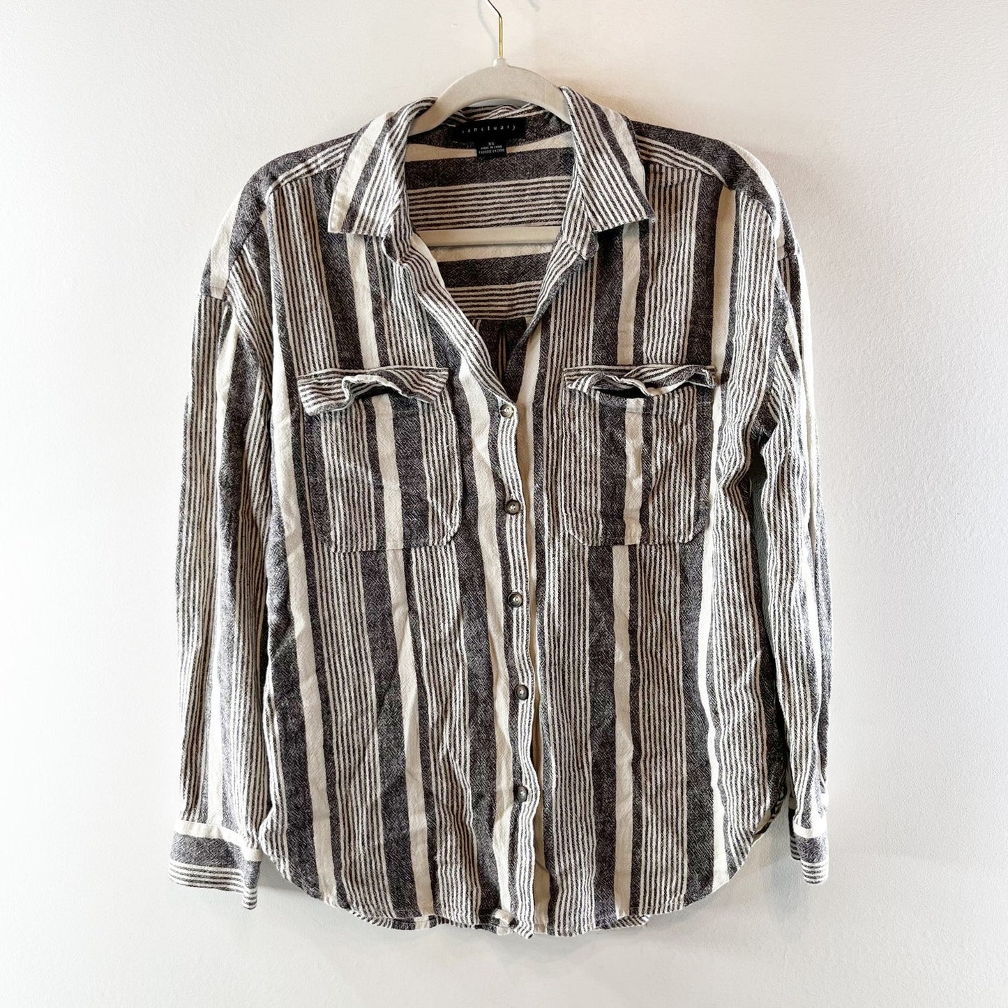 Sanctuary Linen Blend Pocket Striped Long Sleeve Button Down Shirt Blue White XS