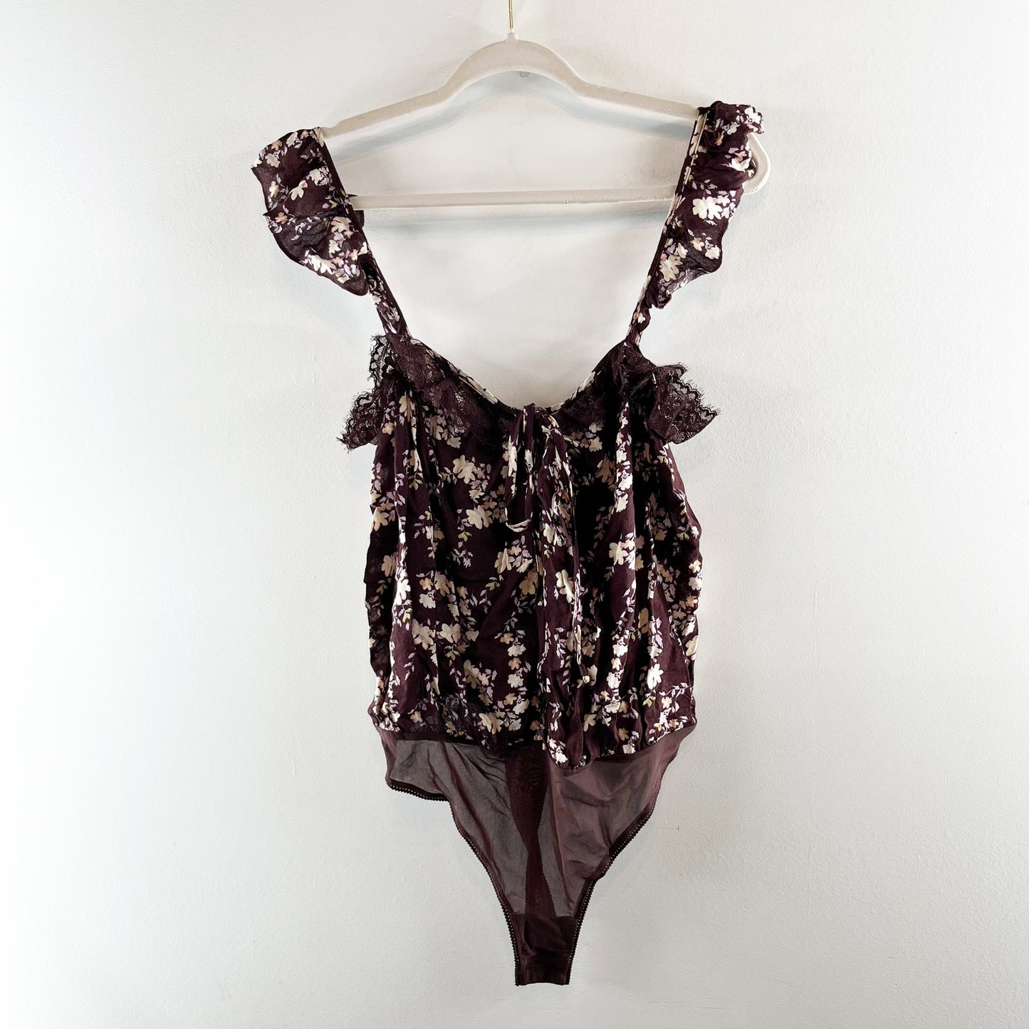 Free People Take It Away Ruffle Strap Floral Thong Bodysuit Brown Medium