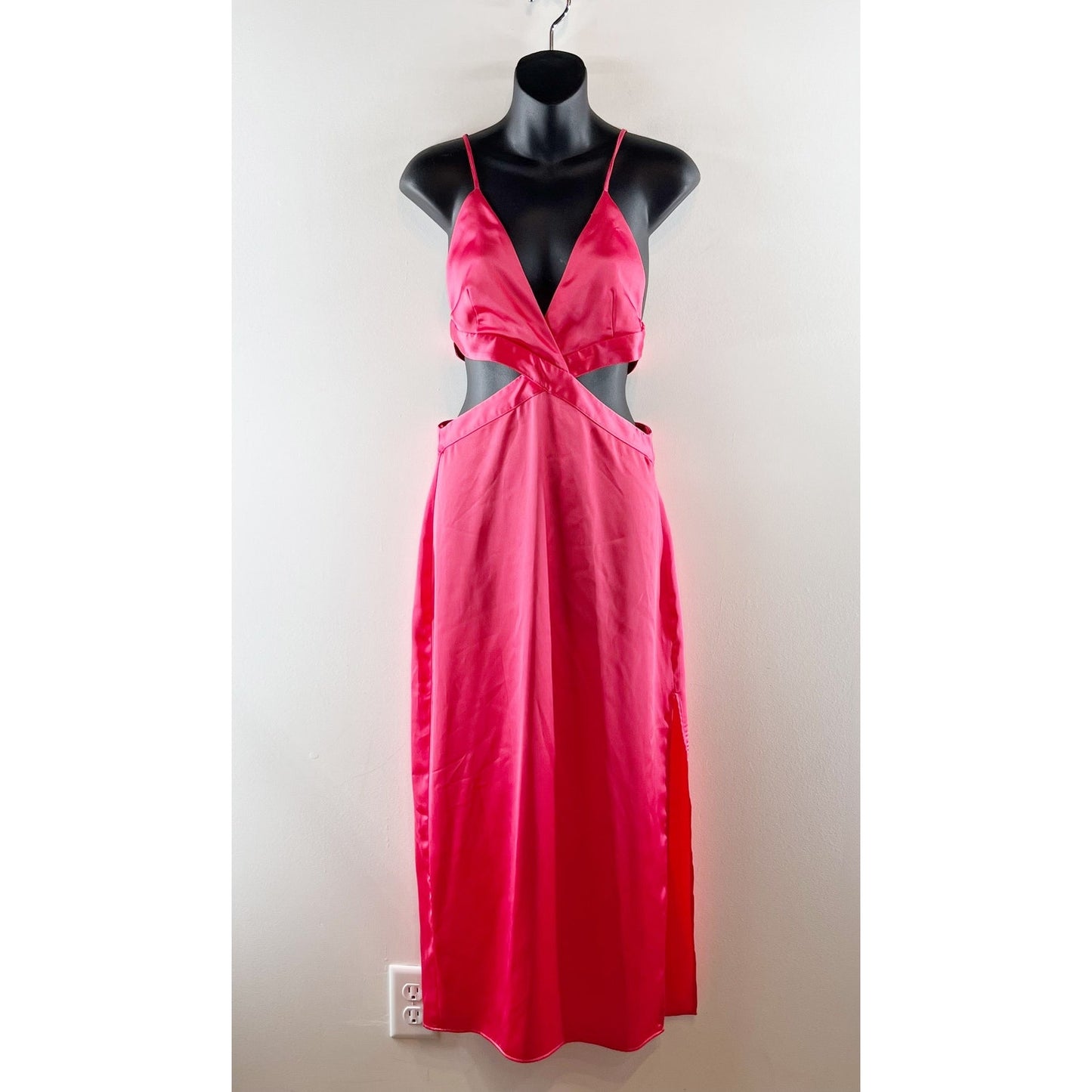 Zara Satin Sleeveless V-Neck Slip Midi Dress with Waist Cutout Pink Medium