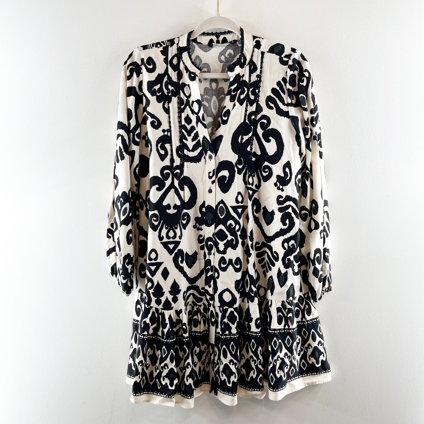 ZARA Long Sleeve Paisley Print Swing Mini Dress White Black Small