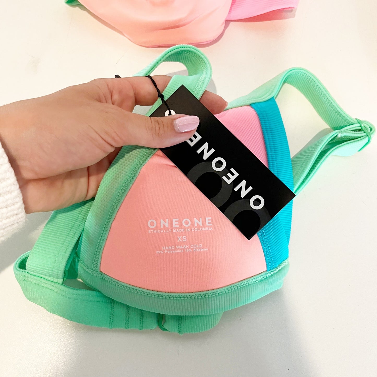 One One Swimwear Triangle Ribbed Colorblock Cheeky Bikini Pink Blue Green XS