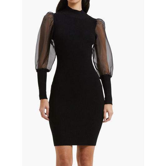 French Connection Organza Puff Sleeve Mini Sweater Dress Black XS