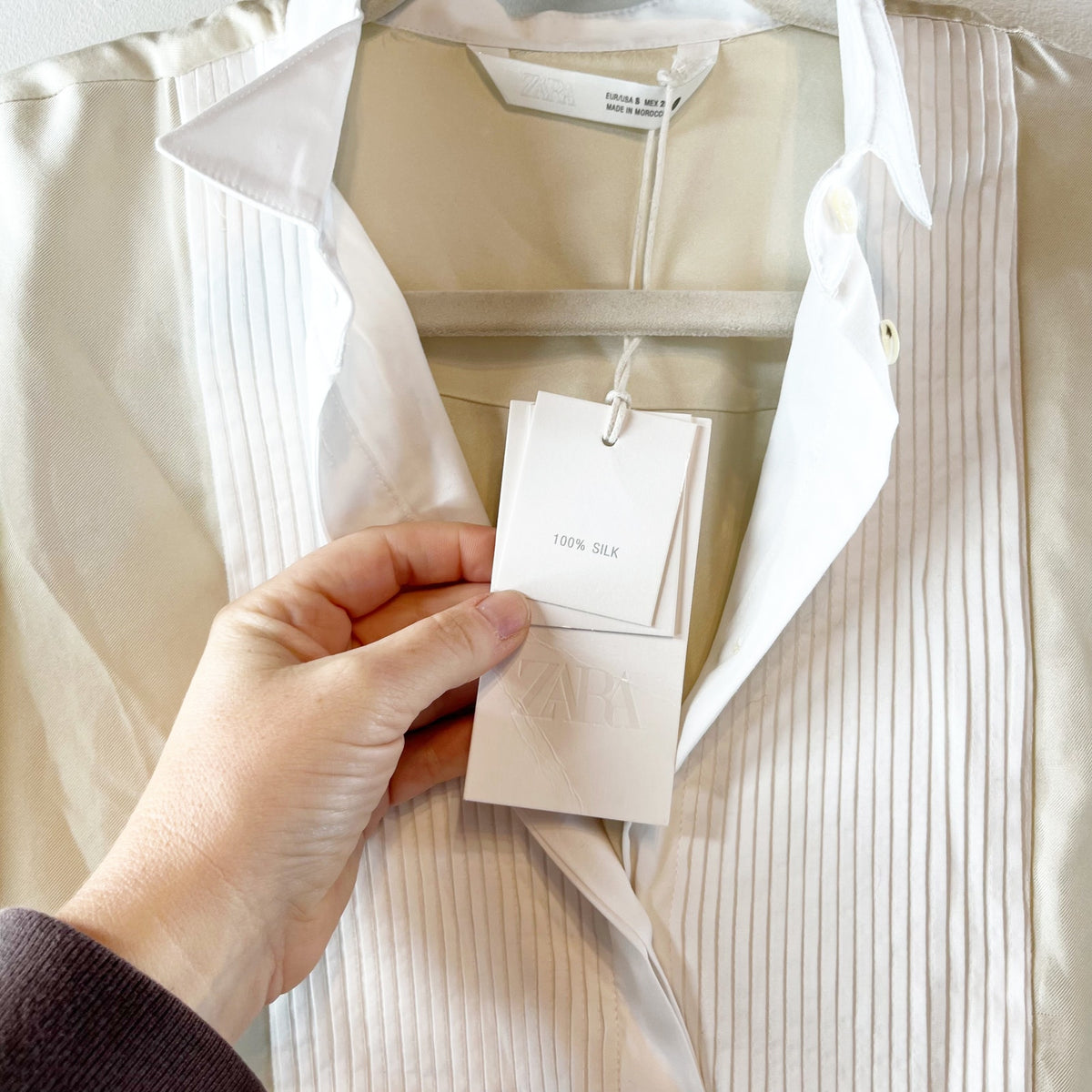ZARA Silk Long Sleeve Bib Button Down Blouse Shirt Champagne Tan White Small