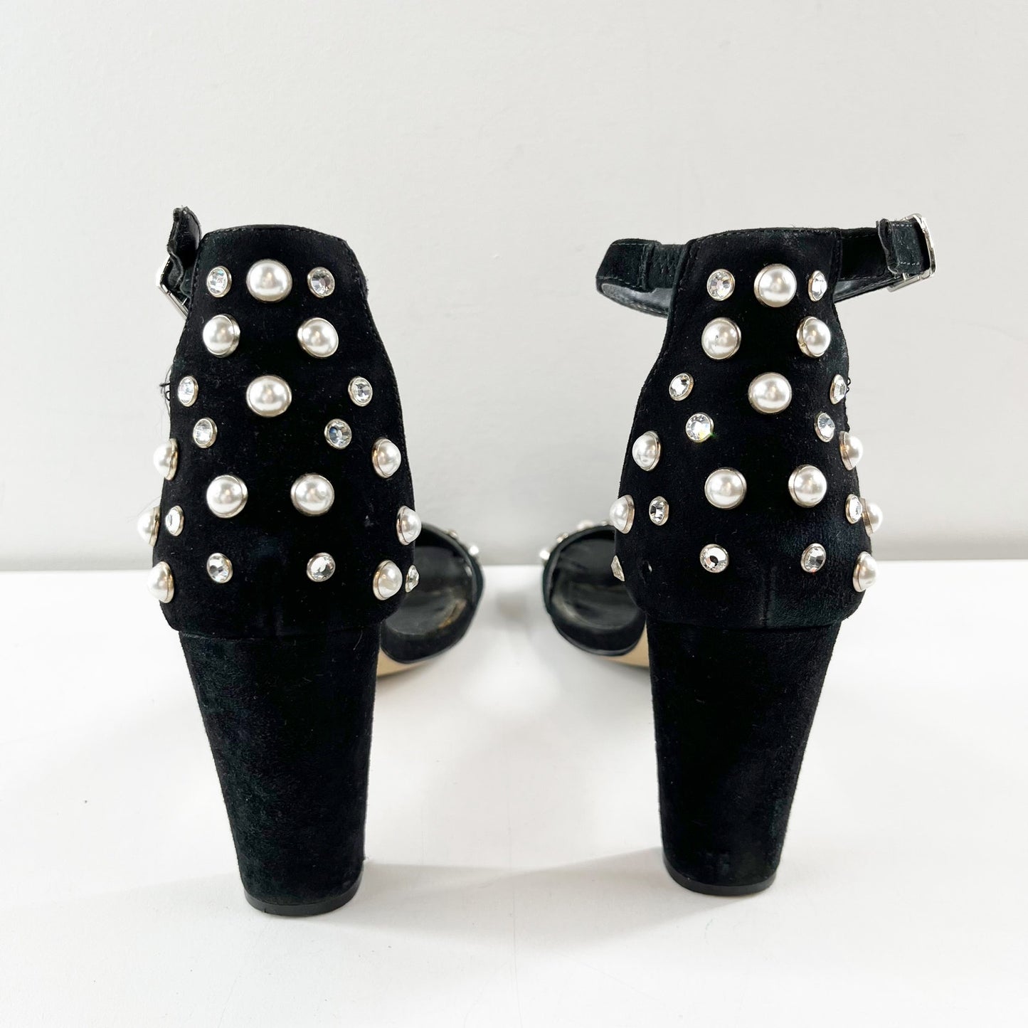 White House Black Market Mylah Pearl Rhinestone Block Heel Sandals Black 7.5