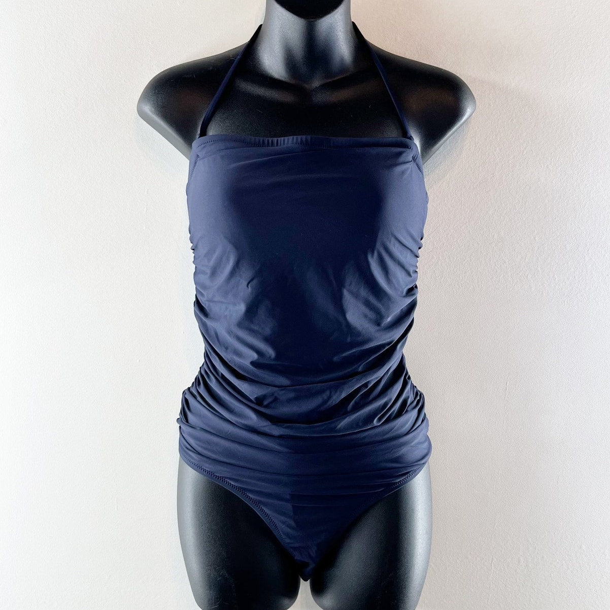 J. Crew Ruched One Piece Halter Swimsuit Bathing Suit Navy Blue Medium