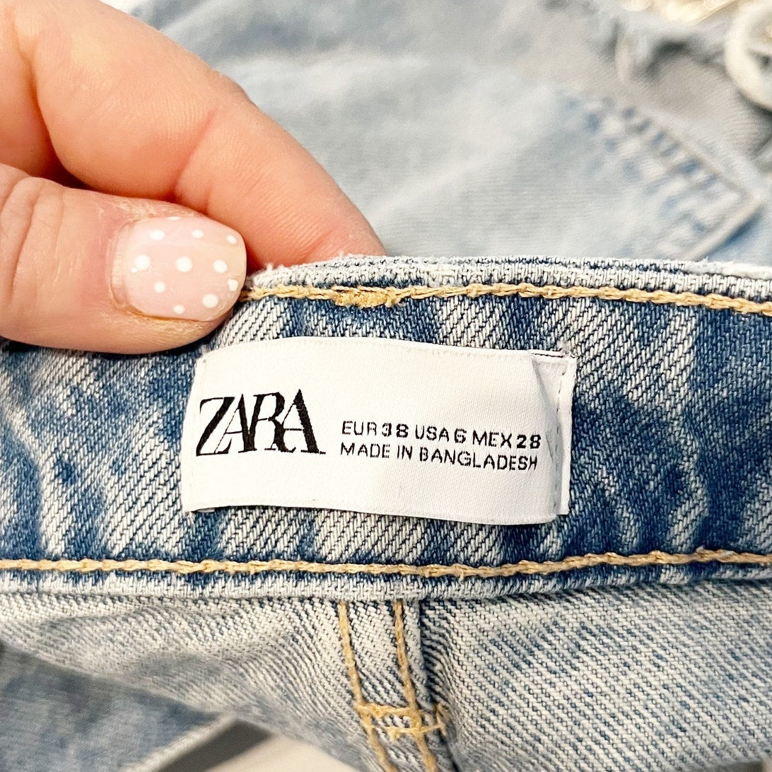ZARA Distressed Cutoff Button Fly High Rise Denim Jean Shorts Blue 6
