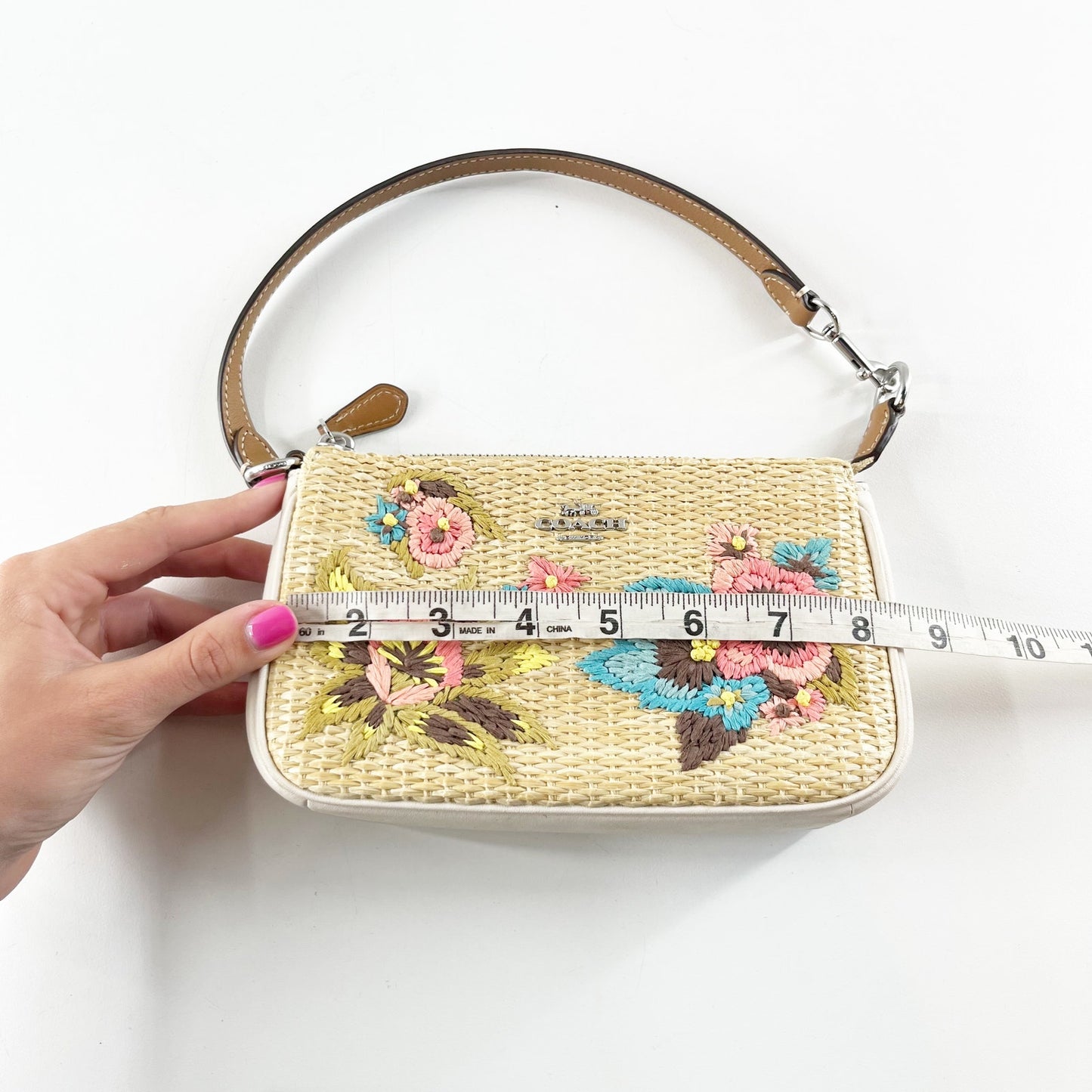 Coach Nolita 19 Woven Straw Rattan Floral Embroidered Shoulder Bag Purse Tan
