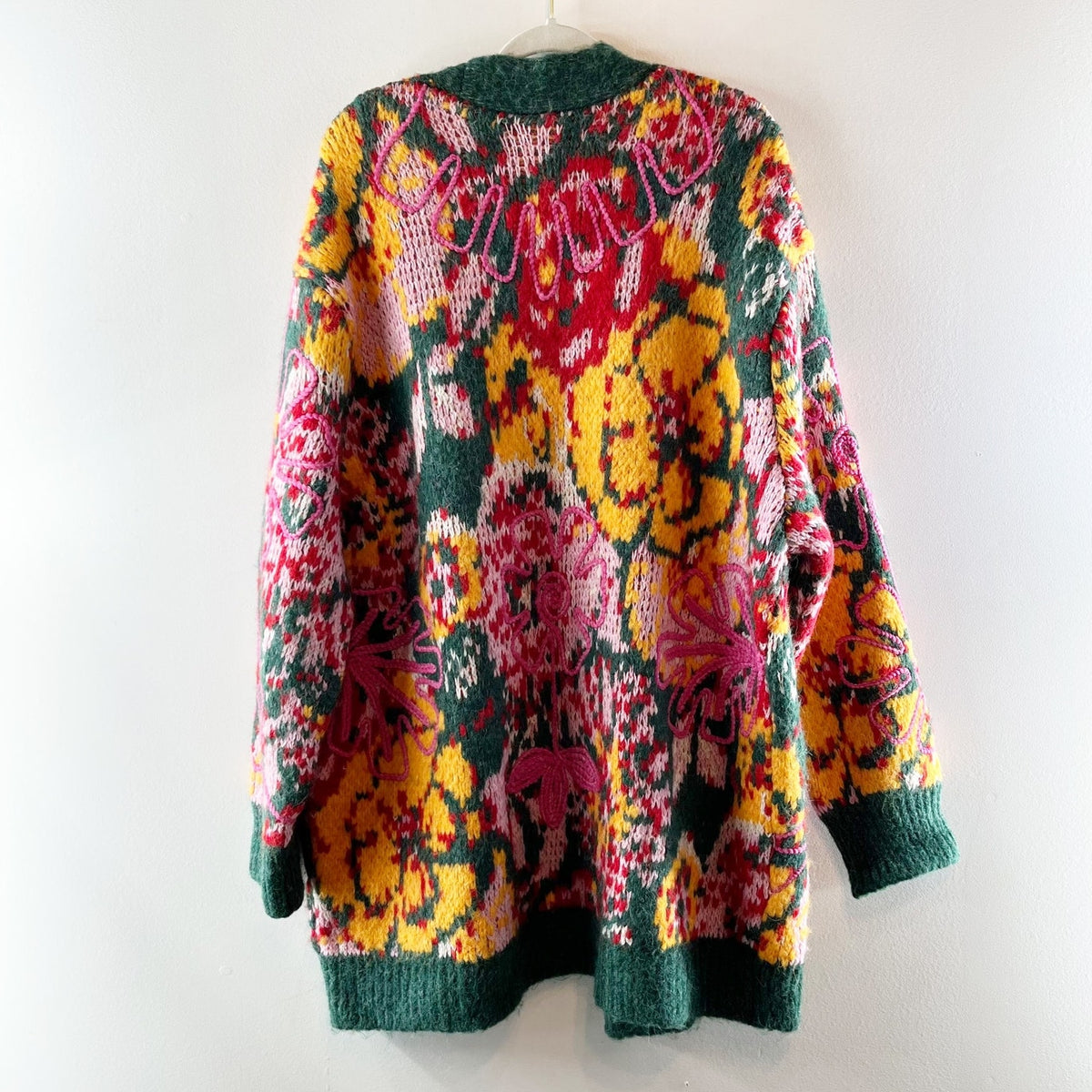 Free People Alexis Floral Long Sleeve V-Neck Cardigan Sweater Yellow Green Large