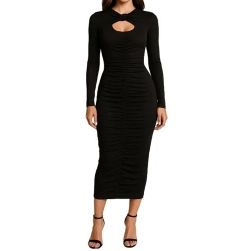 Abercrombie Long Sleeve Ruched Cutout Bodycon Midi Dress Black Medium