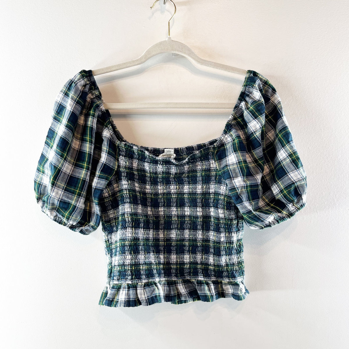 American Eagle Green Plaid Smocked Puff Sleeve Top Medium