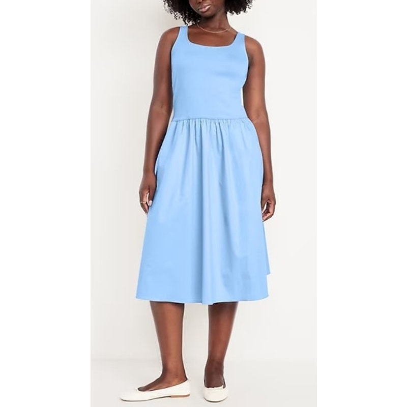 Old Navy Fit & Flare Combination High Neck Midi Dress Blue Fluorite Medium