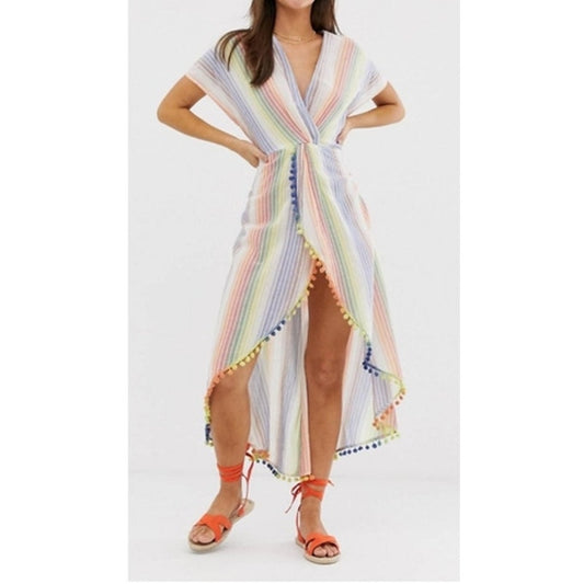 America & Beyond Short Sleeve Midi Striped Tassel Rainbow Cover Up White Small