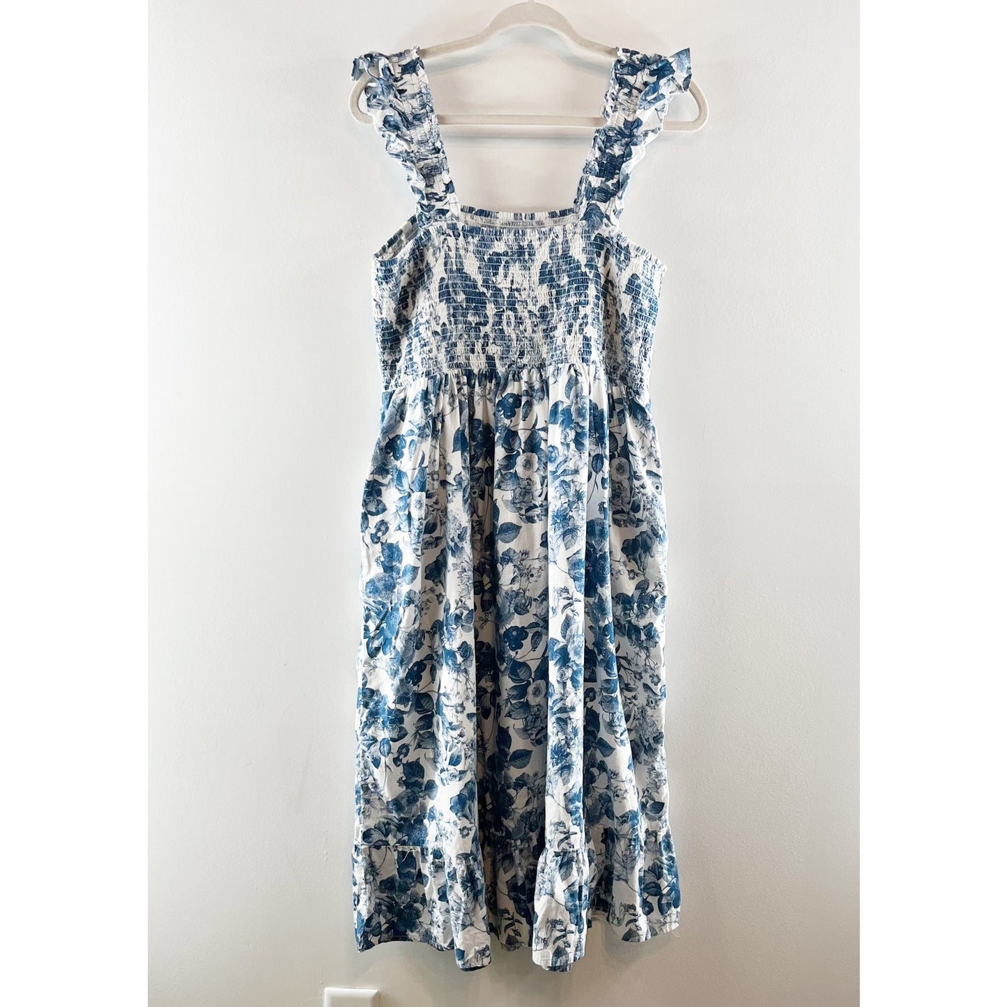 The Drop Smocked Bodice Ruffle Strap Square Neck Floral Midi Dress Blue XL