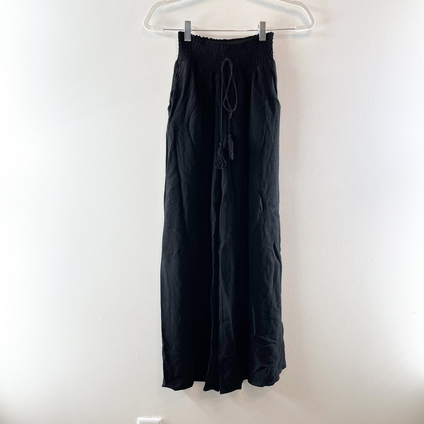 Miou Muse Cotton Linen High Rise Smocked Waist Wide Leg Pants Tassel Black Small