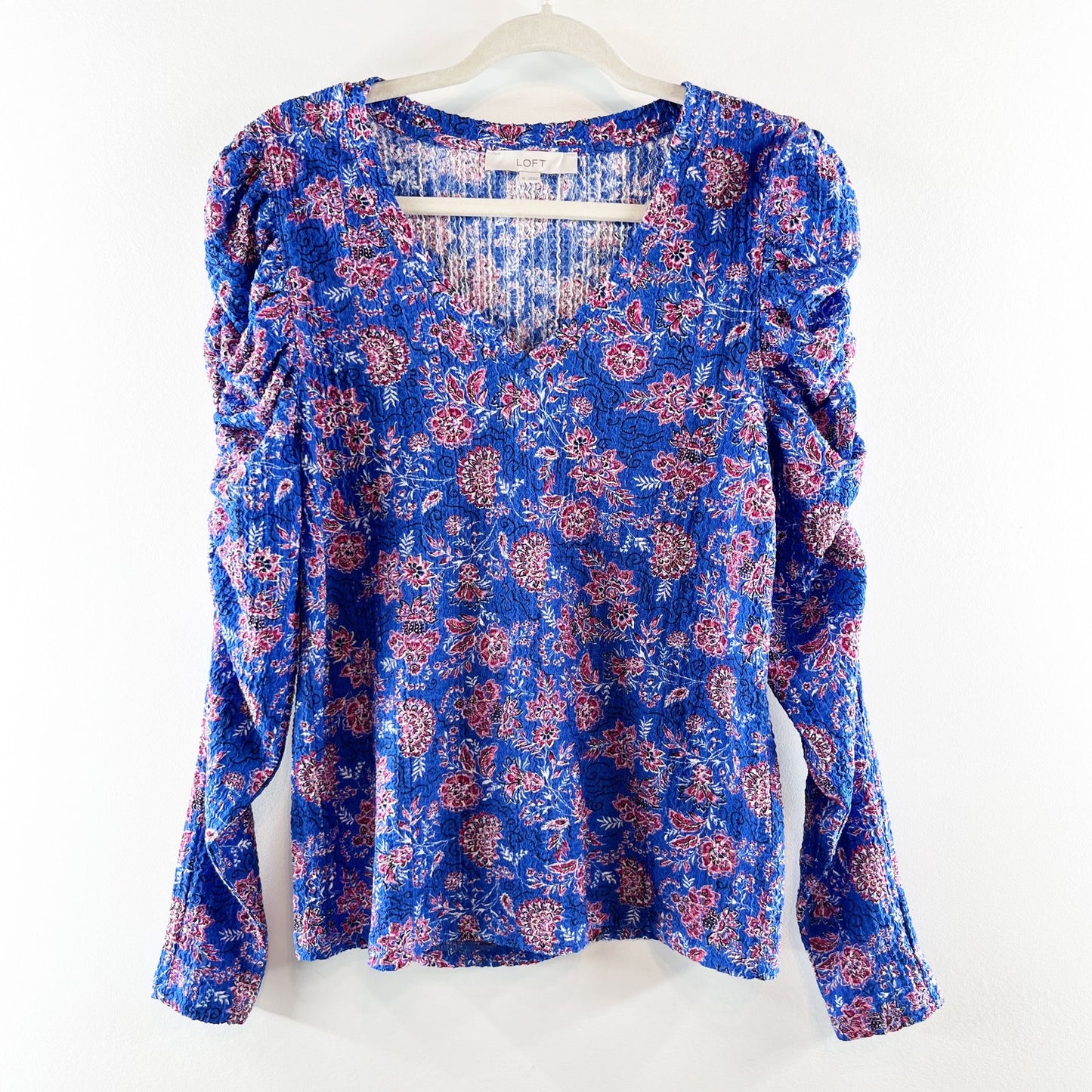 LOFT Garden Shirred Puff Long Sleeve Top Blouse in Cerulean Star Blue Medium