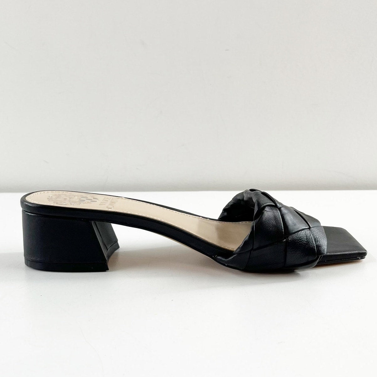 Vince Camuto Semtera Woven Kitten Block Heel Square Toe Slide Sandals Black 6.5