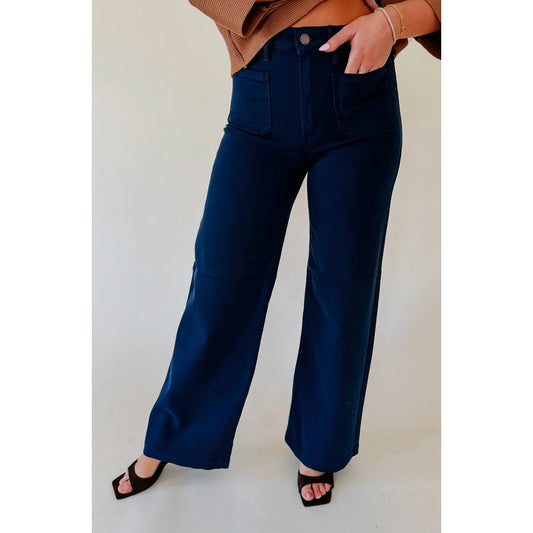 JBD Corduroy Mini Patch Pocket Longer Length Wide Leg Denim Jeans Navy 26