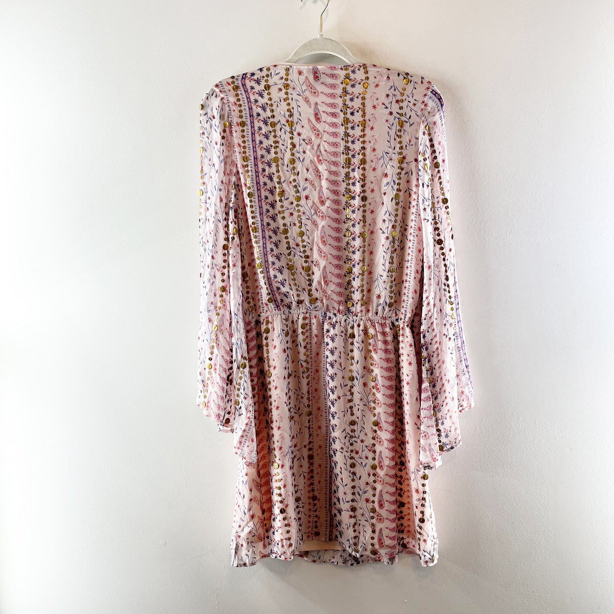 AS by DF Flora Embellished Long Sleeve Silk Mini Dress Pink Small
