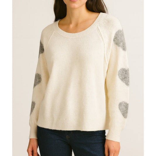 CeCe Crewneck Long Sleeve Heart Print Sweater White Gray Large