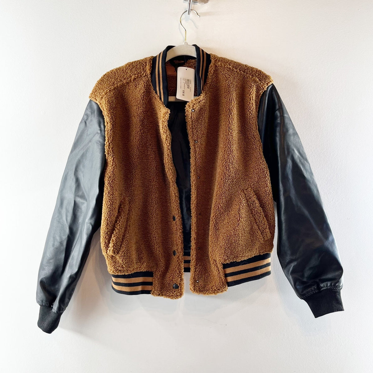 Blank NYC Sherpa Varsity Bomber Jacket Black Brown Cinnamon Spice Small
