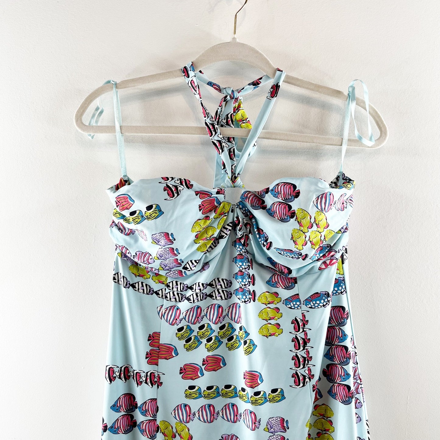J. McLaughlin Fish Print Halter Tie Neck Mini Knee Length Dress Blue Medium