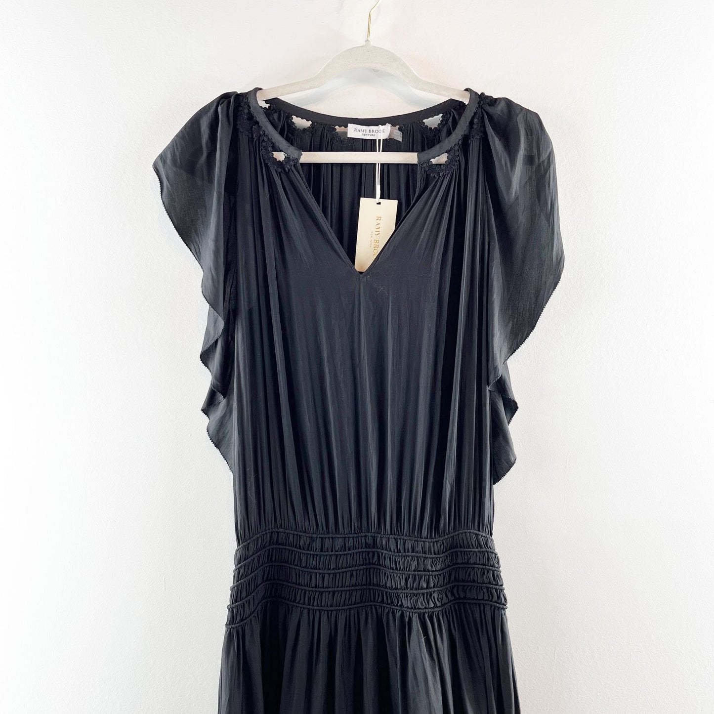 Ramy Brook Wrenn Flutter Sleve Smocked Waist Midi Dress Black Medium