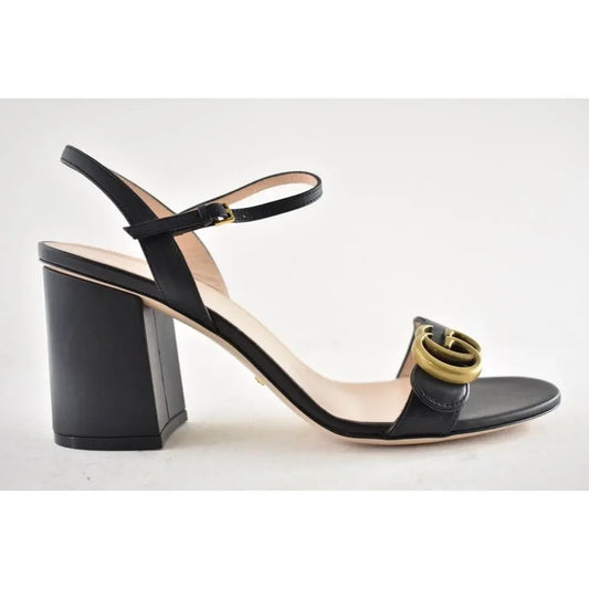 Gucci Marmont Leather Gold GG Logo Block Heel Ankle Strap Pump Sandals Black 39