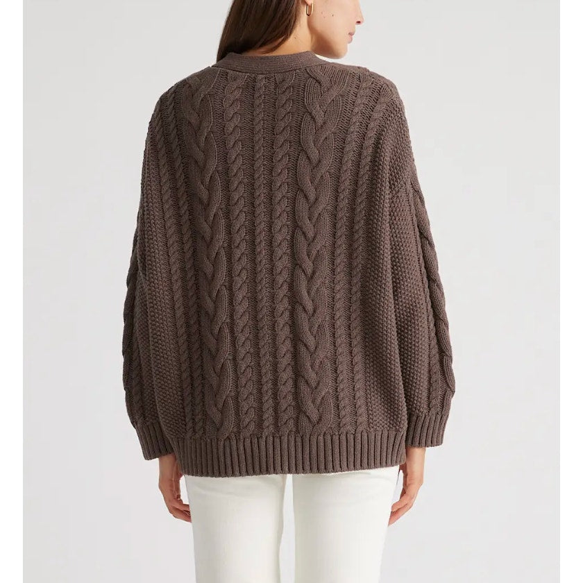 Quince Organic Cotton Oversized Cable Cardigan Sweater Heather Brown XS