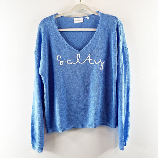 Mia & Tess Salty Embroidered V Neck Graphic Long Sleeve Sweater Blue XL