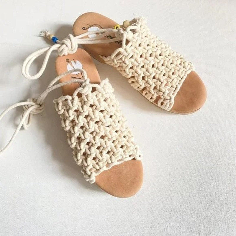 Free People Candy Crochet Braided Ankle Wrap Clog Sandals Cream 37 / 7