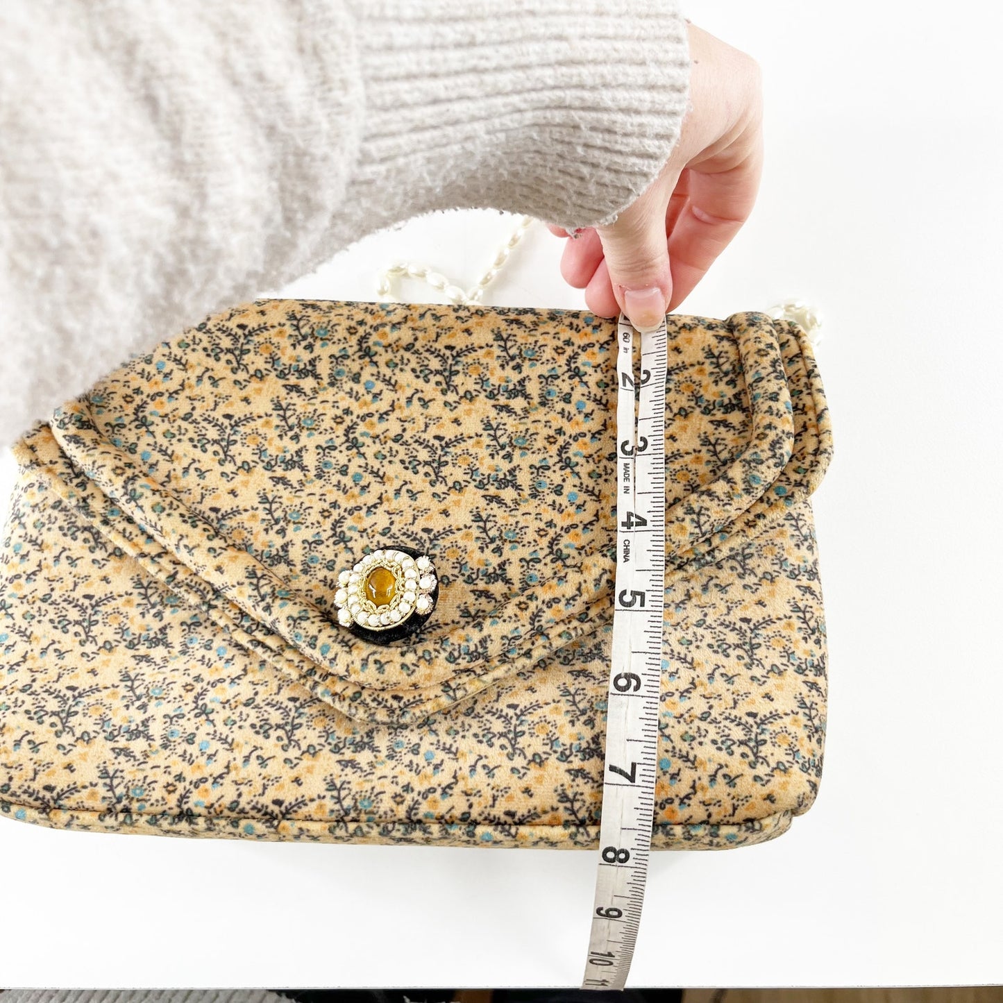 Anthropologie Francesca Floral Velvet Clutch Pearl Chain Strap Crossbody Purse