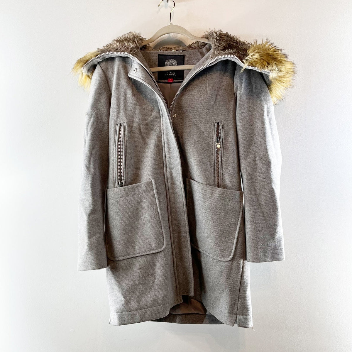Vince Camuto Wool Blend Long Sleeve Full Zip Fur Trim Hood Pea Coat Small Gray
