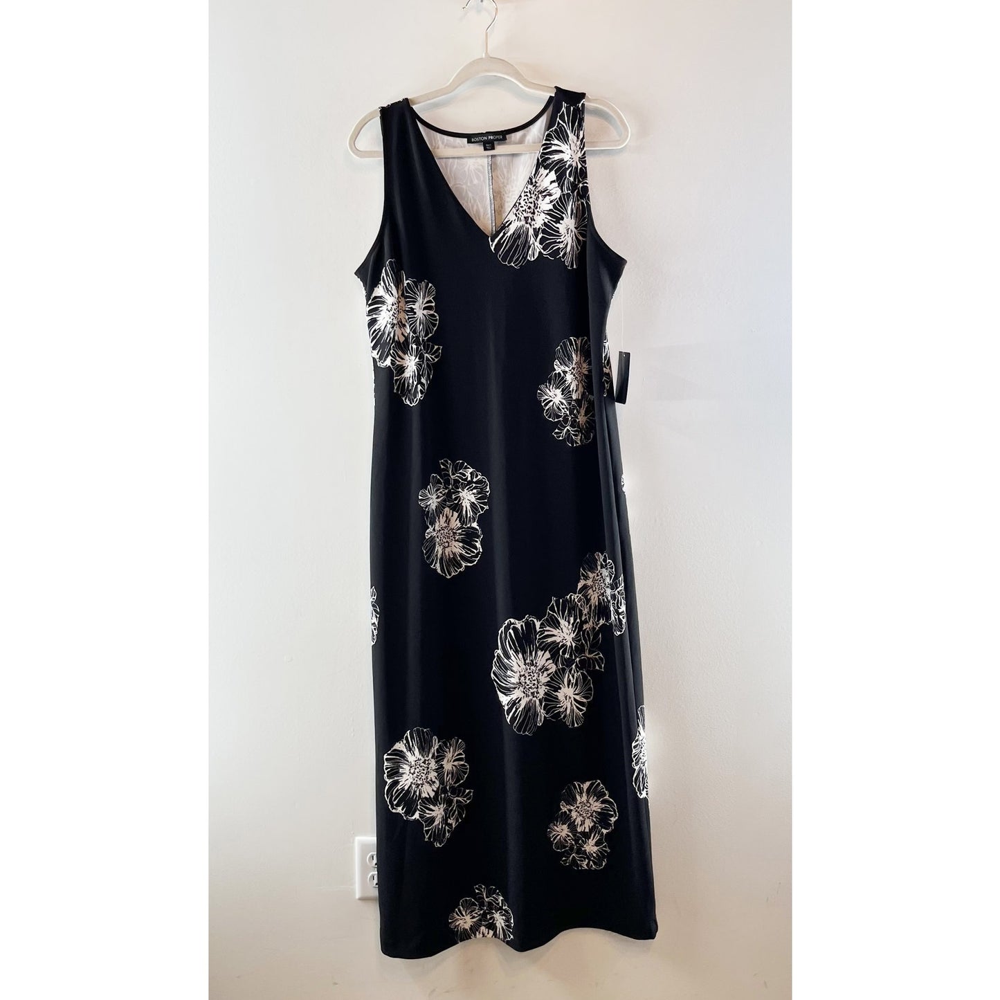 Boston Proper Floral Print Sleeveless V-Neck Maxi Dress Black White Large