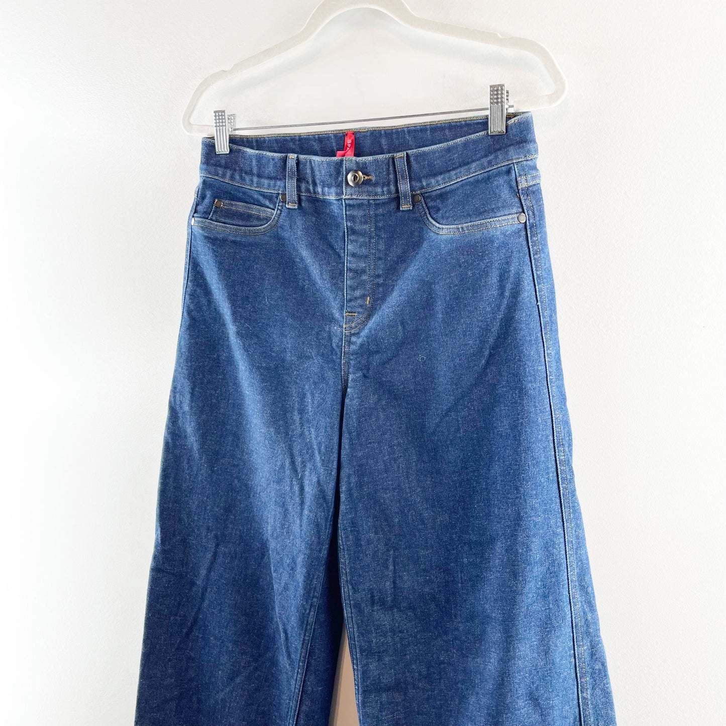 Spanx High Rise Pull On Wide Leg Jeans in Raw Indigo Blue Large