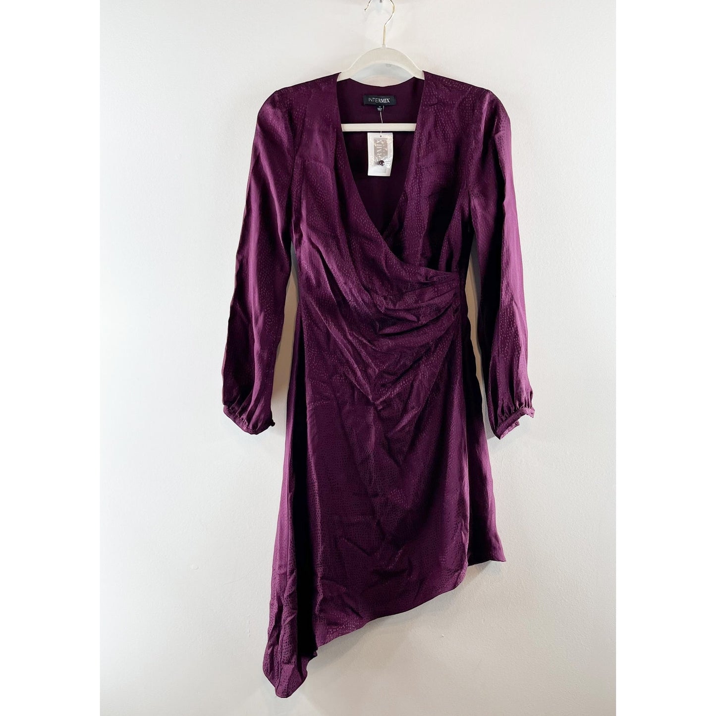 Intermix Nadia Long Sleeve Dot Silk Asymmetrical Mini Dress Purple 0
