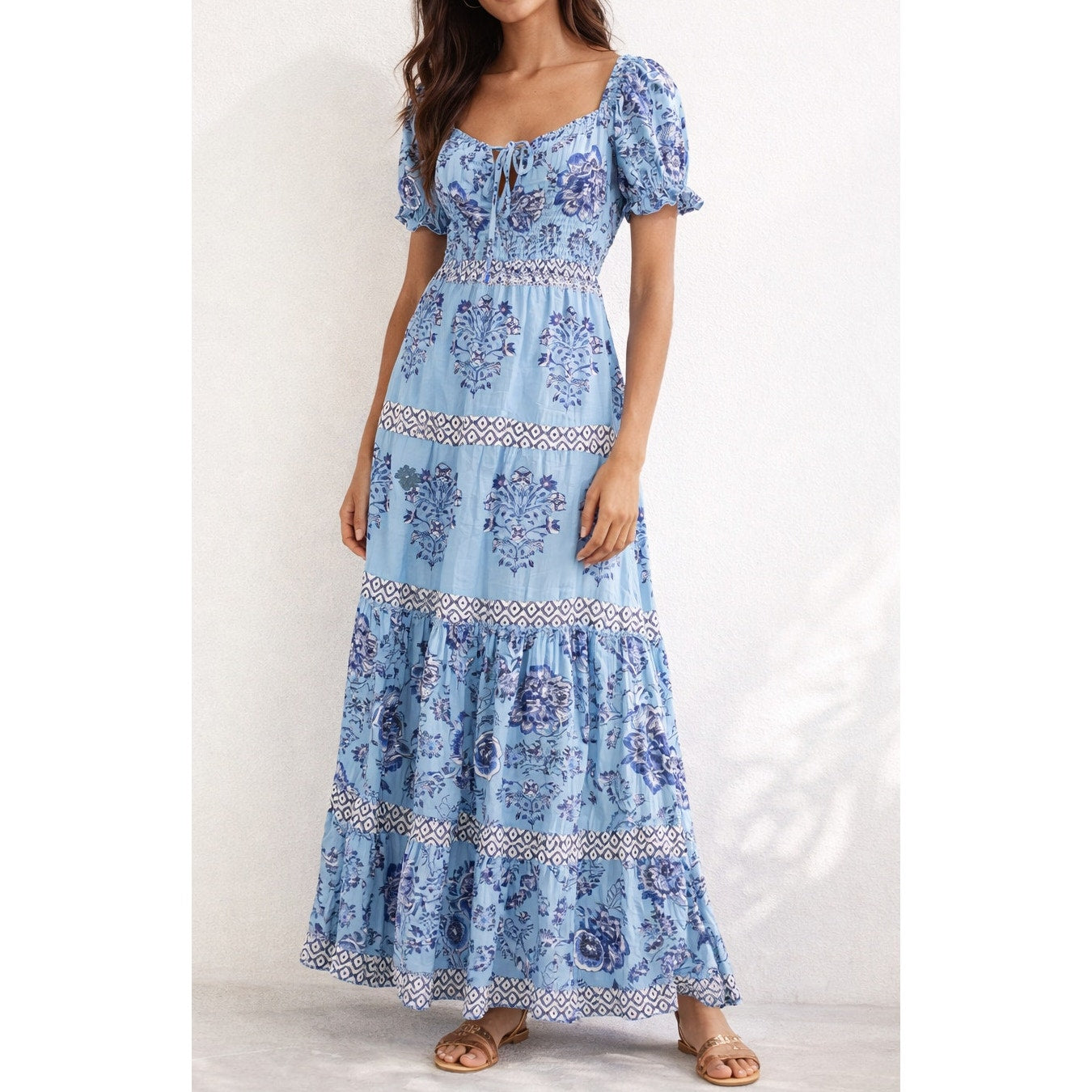 Celina Moon Short Puff Sleeve Printed Tie Front Maxi Dress Blue Medium