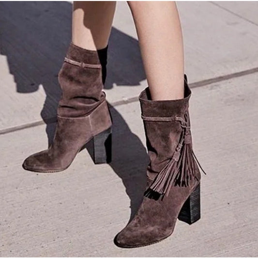 Vince Camuto Fermel Slouch Suede Leather Tassel Mid Calf Boots Brown 7.5