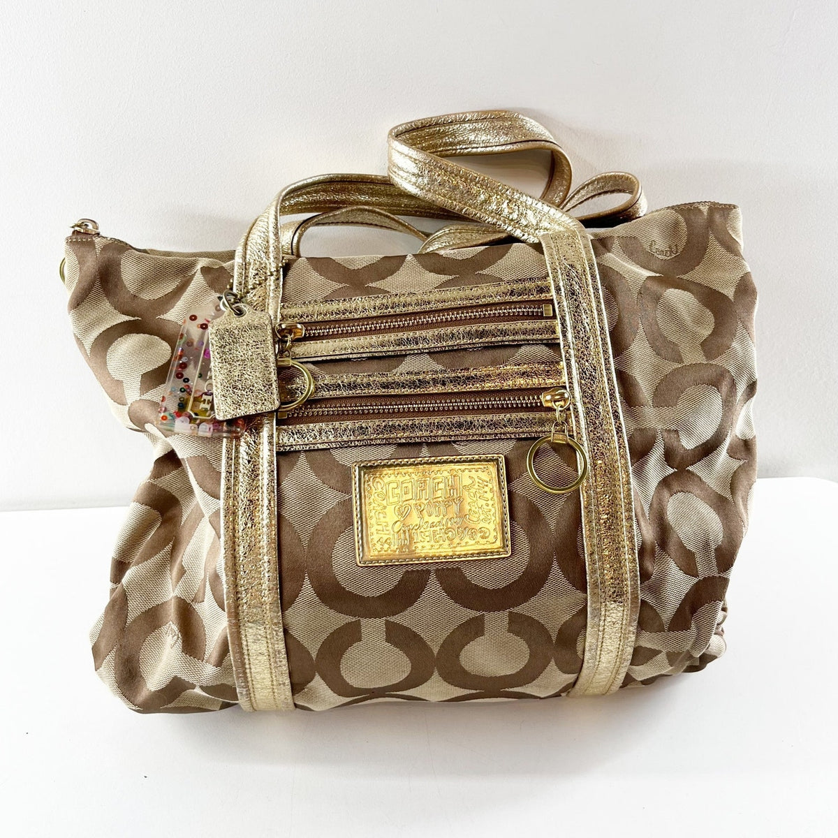 Coach Poppy Signature C Logo Shoulder Tote Bag Purse Brown Gold
