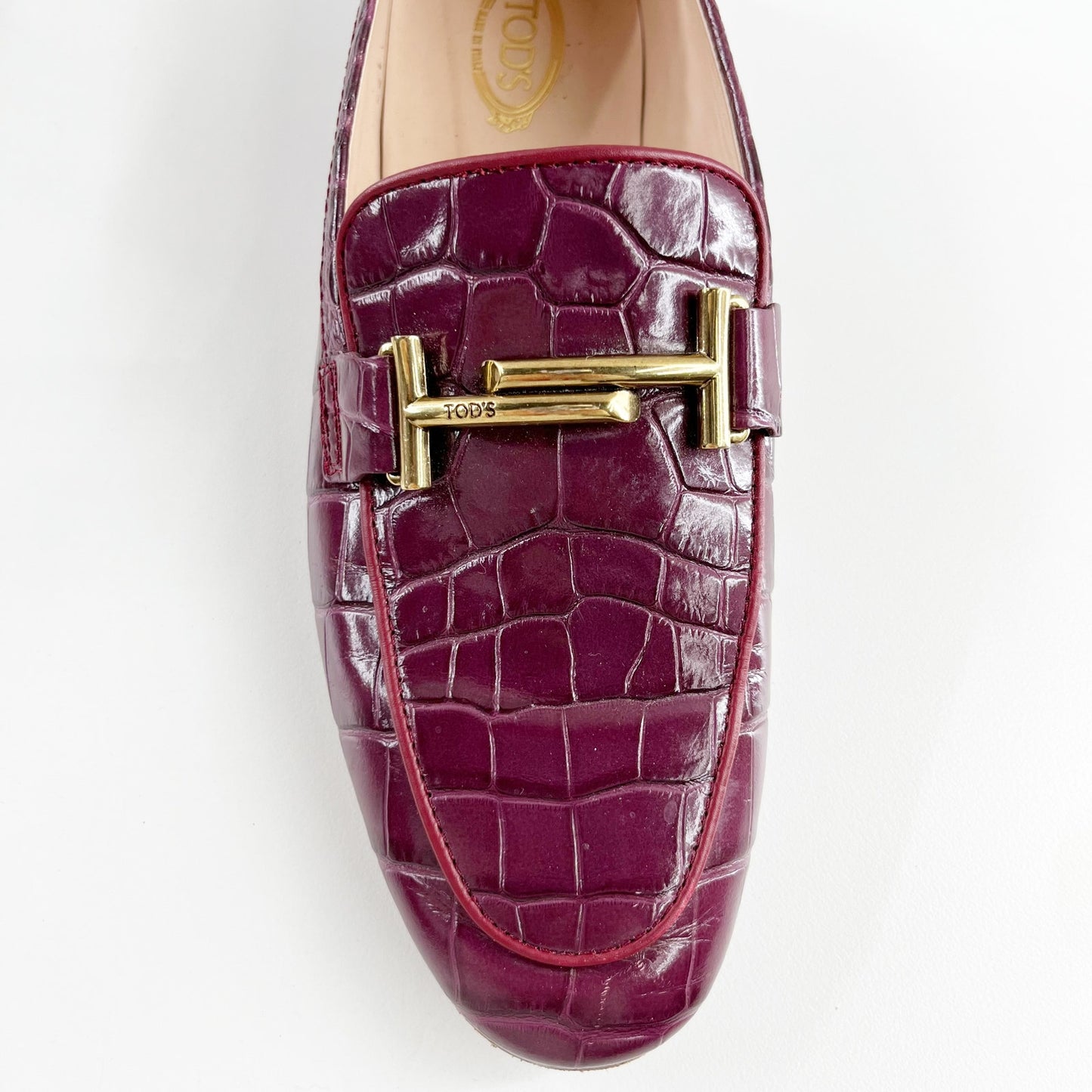 Tod's Kate Croc Embossed Leather Loafer Shoes Rosso Primitivo Maroon Red 38