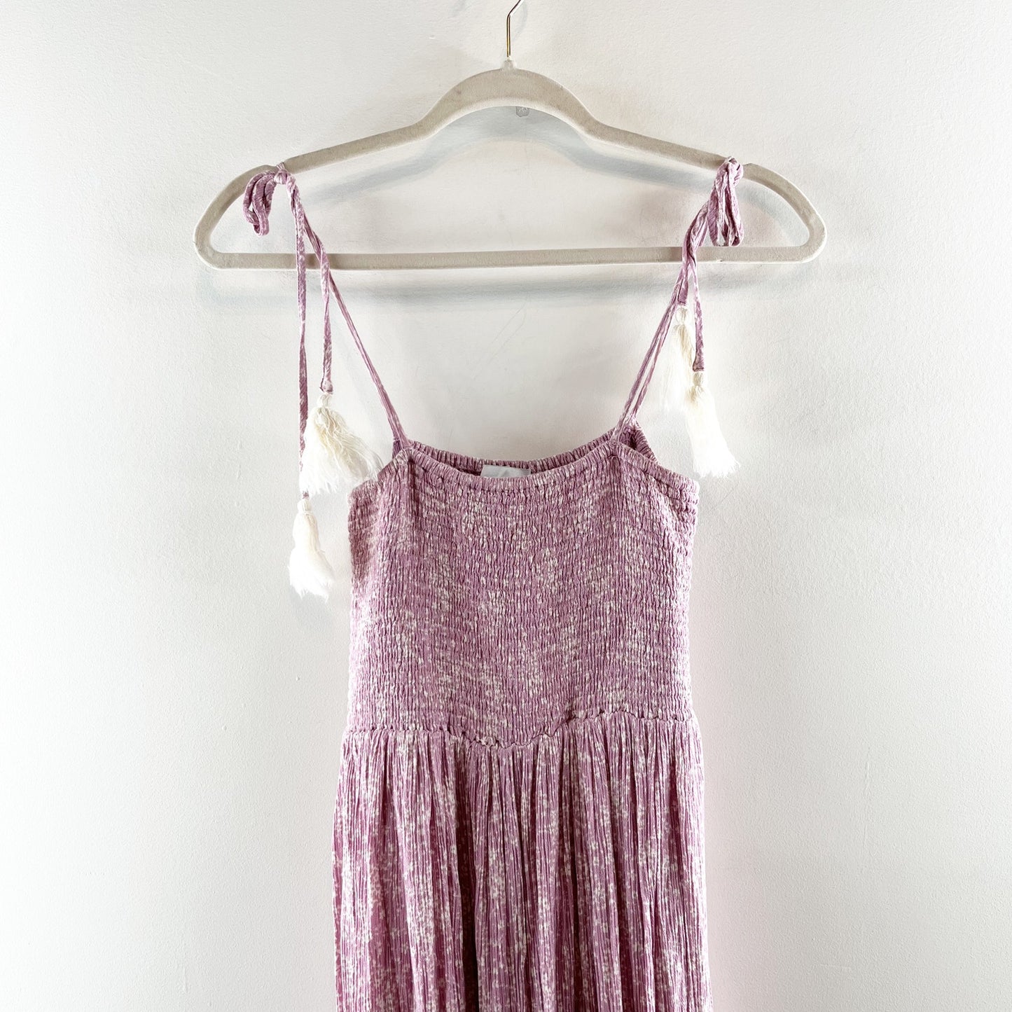 OLIA Smocked Tie Strap Printed Maxi Dress Sundress Lavender Purple Small