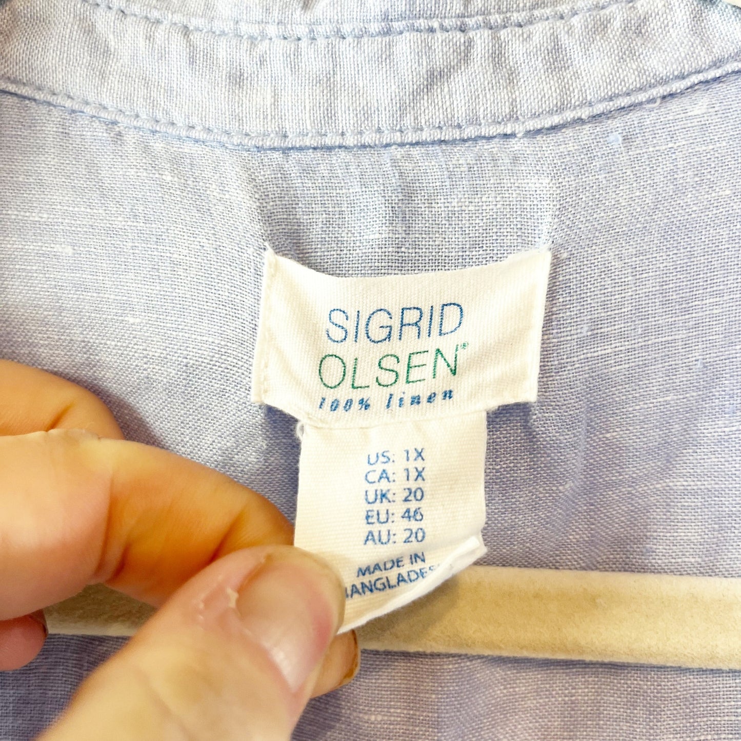 Sigrid Olsen 100% Linen Long Sleeve Collared Popover Tunic Shirt Blue Plus 1X