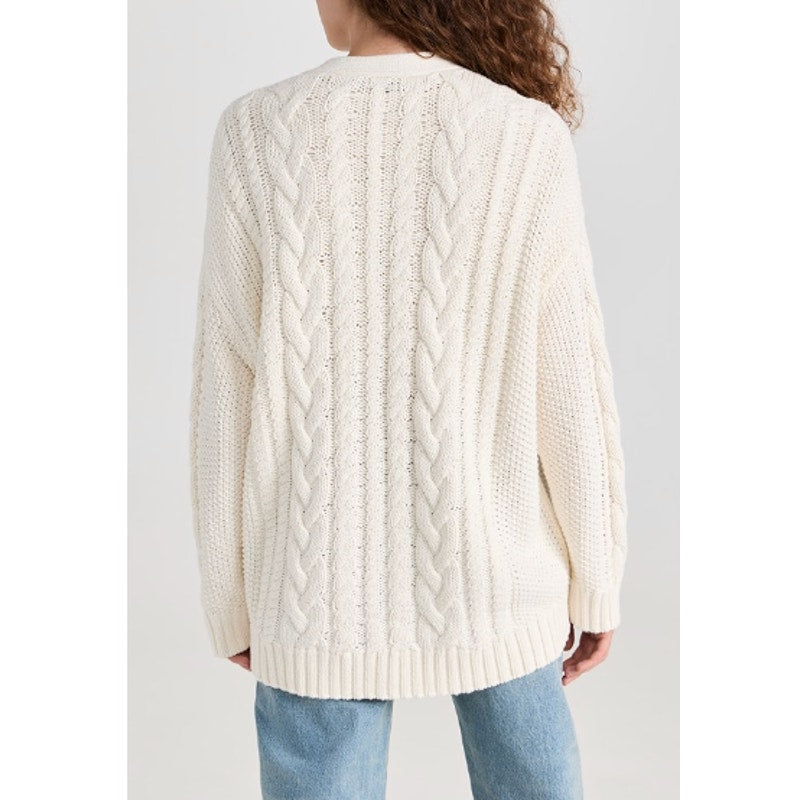 Jenni Kayne Wool & Alpaca Cable Knit Cocoon V Neck Cardigan Sweater Ivory XS