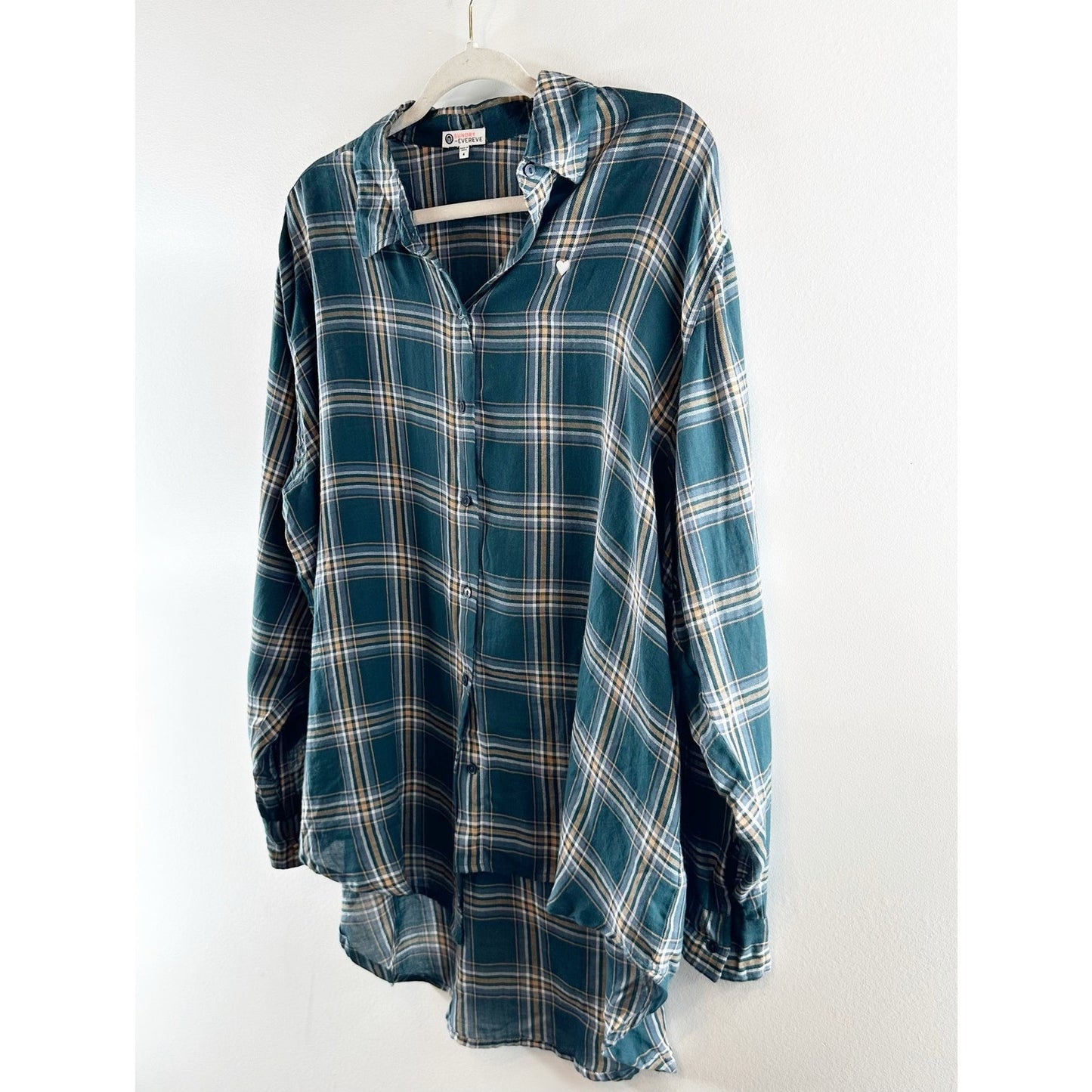 Sundry Evereve Heart Plaid Long Sleeve Hi-Low Button Down Shirt Pine Green XL