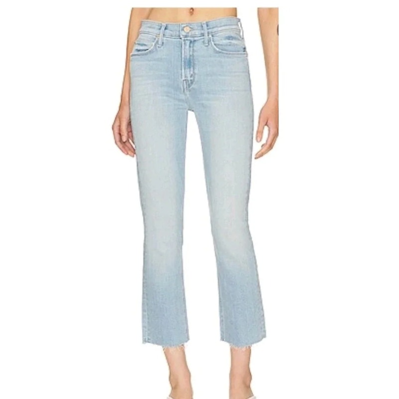 Mother The Mid Rise Dazzler Crop Fray Hem Jeans Sun Kissed Light Wash Blue 25