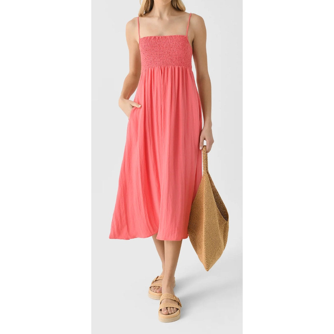 Z Supply Beachside Smocked Midi Dress in Sunset Pink Coral Small