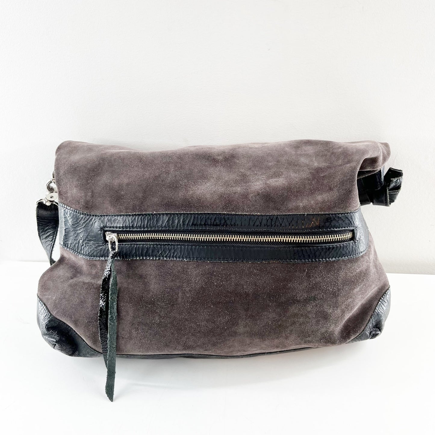 Foley + Corinna Fold Over Purse Handbag Brown Suede & Black Patent