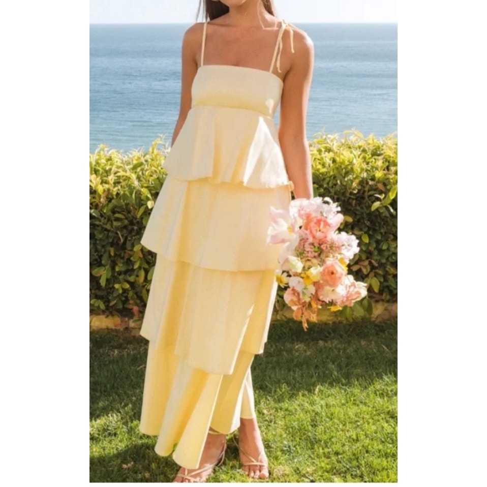 Show Me Your Mumu Meet Cute Tiered Ruffle Midi Dress Pale Yellow Taffeta XXL