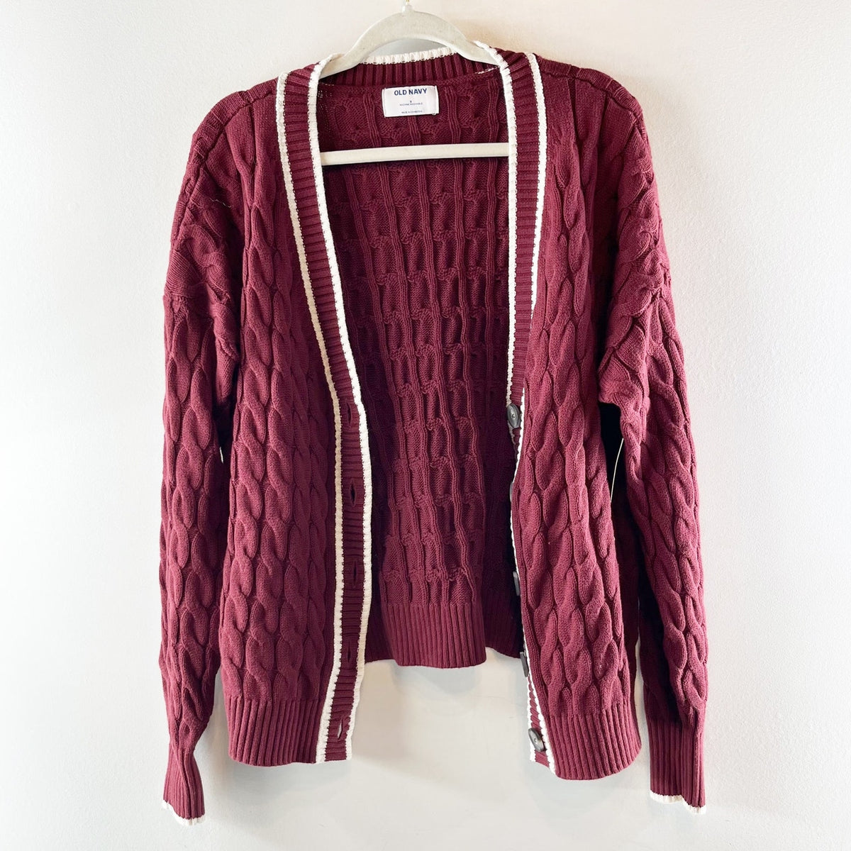 Old Navy Slouchy Cable Knit Cardigan Sweater V Neck Long Sleeve Maroon Red Small