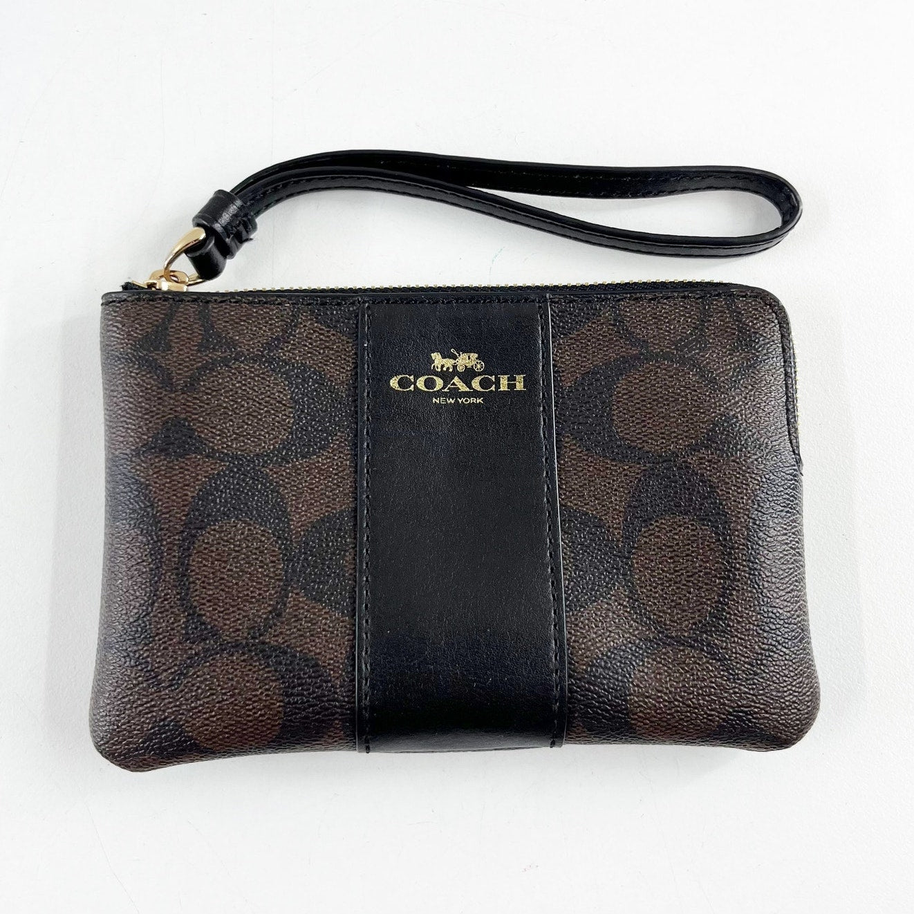 Coach Signature C Logo Zip Square Canvas Wallet Wristlet Brown Black